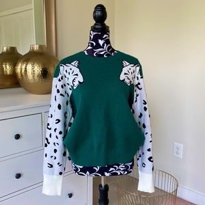 Pullover Crew Neck Sweater with Snow Leopard Sleeves
